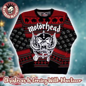 Motorhead Xmas Snaggletooth Big Logo Ace Of Spades Pattern Knitted Black And Red Ugly Christmas Sweater