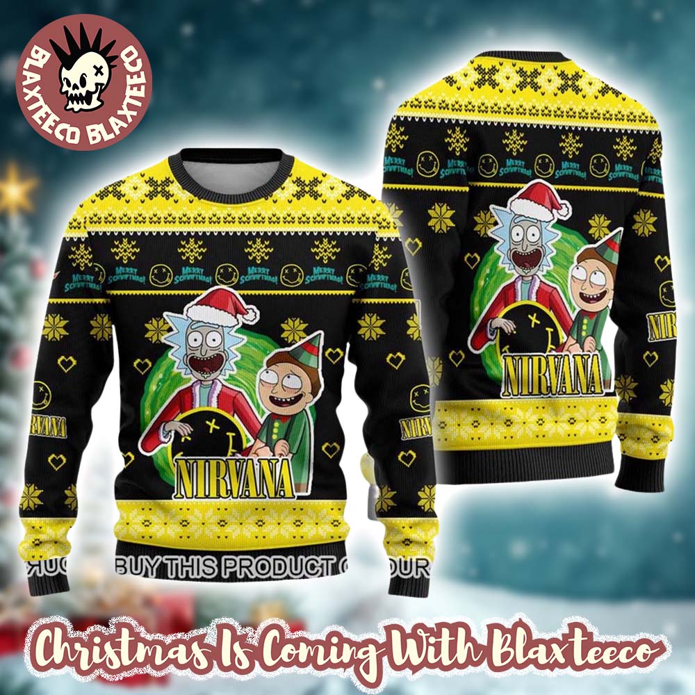 Nirvana Band X Rick and Morty Xmas 2025 Gift For Fans Black And Yellow Ugly Christmas Sweater Nirvana Band X Rick and Morty Xmas 2025 Gift For Fans Black And Yellow Ugly Christmas Sweater