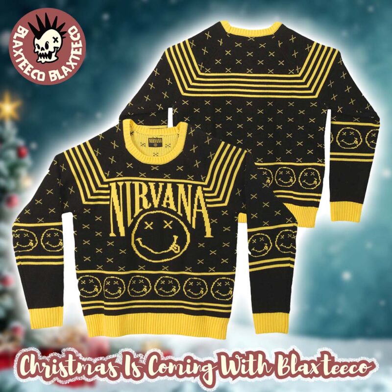Nirvana Smiley Big Logo Signature Black And Yellow Ugly Christmas Sweater ir1P7 dawmca.jpg