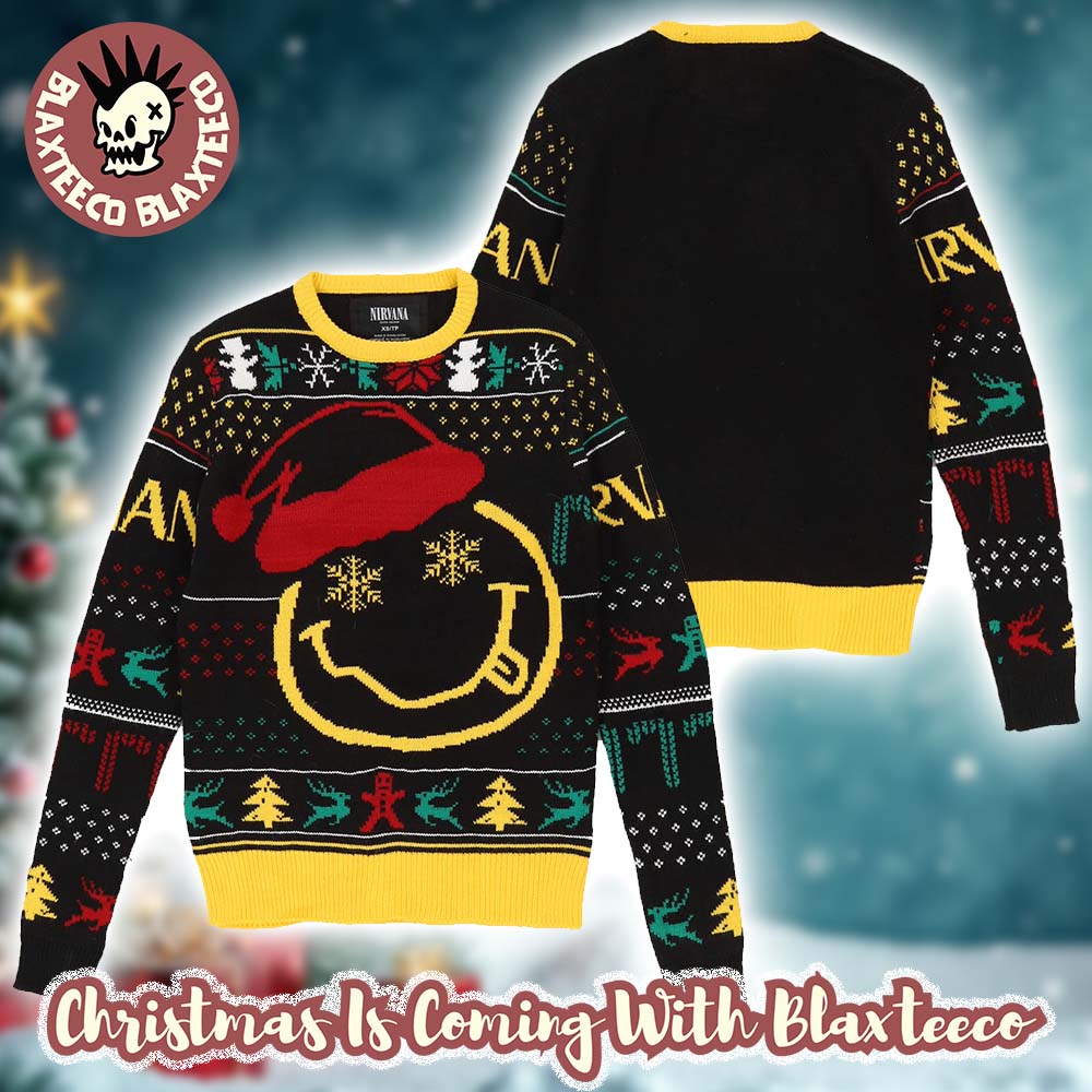 Nirvana Smiley Face Big Logo With Santa Hat Holiday Vibe Ugly Christmas Sweater Nirvana Smiley Face Big Logo With Santa Hat Holiday Vibe Ugly Christmas Sweater