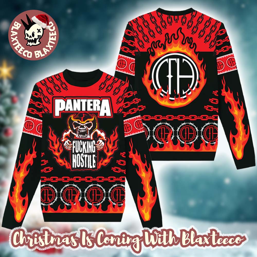 Pantera Fucking Hostile Skeleton With Flame Big Logo Pattern Holiday Ugly Christmas Sweater Pantera Fucking Hostile Skeleton With Flame Big Logo Pattern Holiday Ugly Christmas Sweater