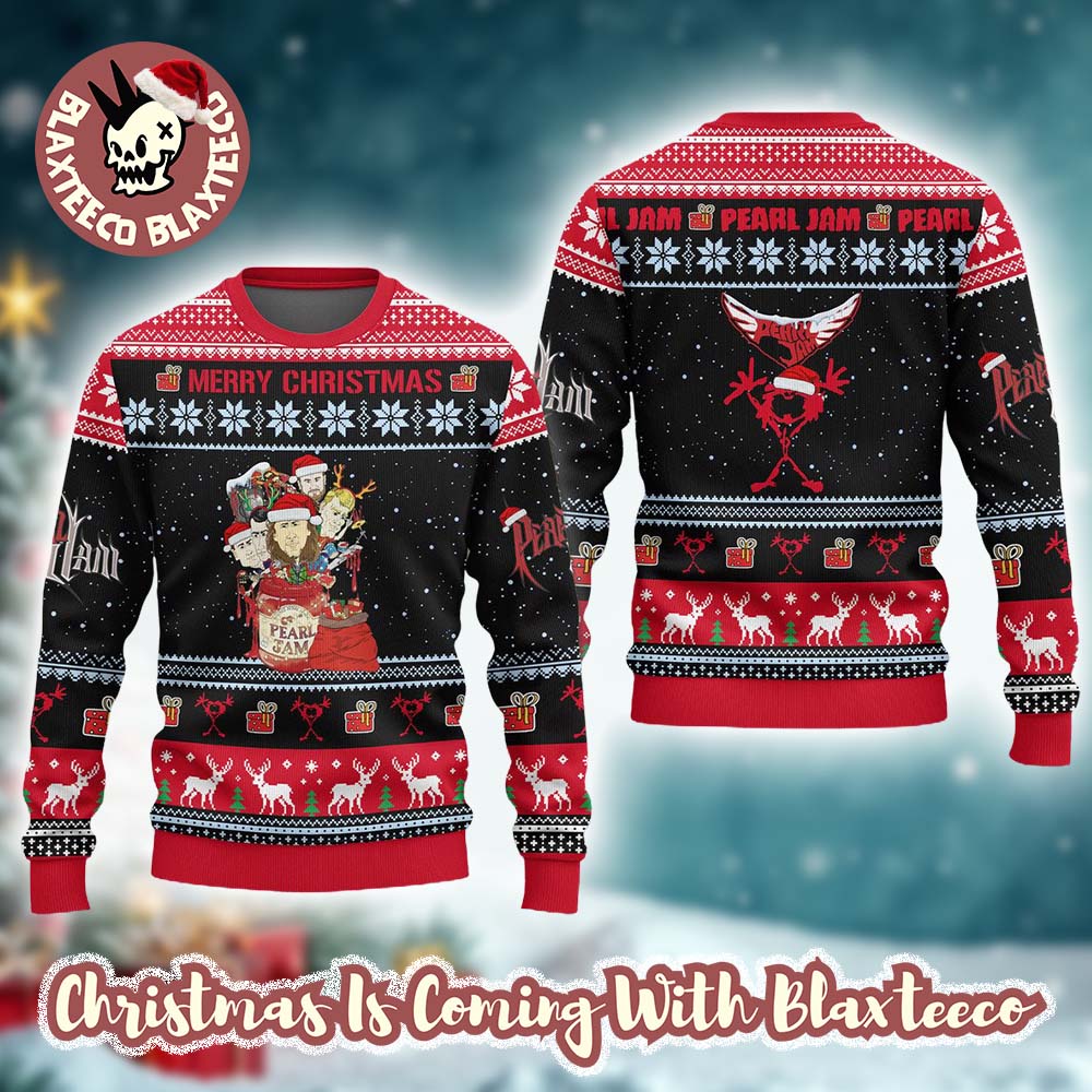 Pearl Jam Merry Christmas Funny Band Member Bubble Head Knitted Black And Red Ugly Christmas Sweater Pearl Jam Merry Christmas Funny Band Member Bubble Head Knitted Black And Red Ugly Christmas Sweater