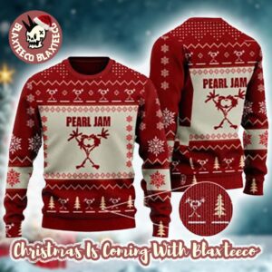 Pearl Jam Signature Stickman With Xmas Tree Pattern Knitted Red Ugly Christmas Sweater 2025 Gift For Fans