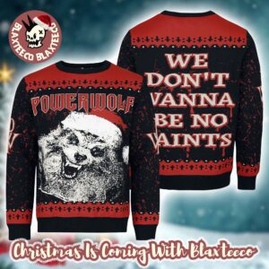 Powerwolf We Don’t Wamma Be No Saints Werewolf Santa Face Funny Knitted Ugly Christmas Sweater Holiday Jumper