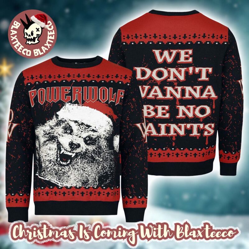 Powerwolf We Dont Wamma Be No Saints Werewolf Santa Face Funny Knitted Ugly Christmas Sweater Holiday Jumper hWB6X opr9rs.jpg