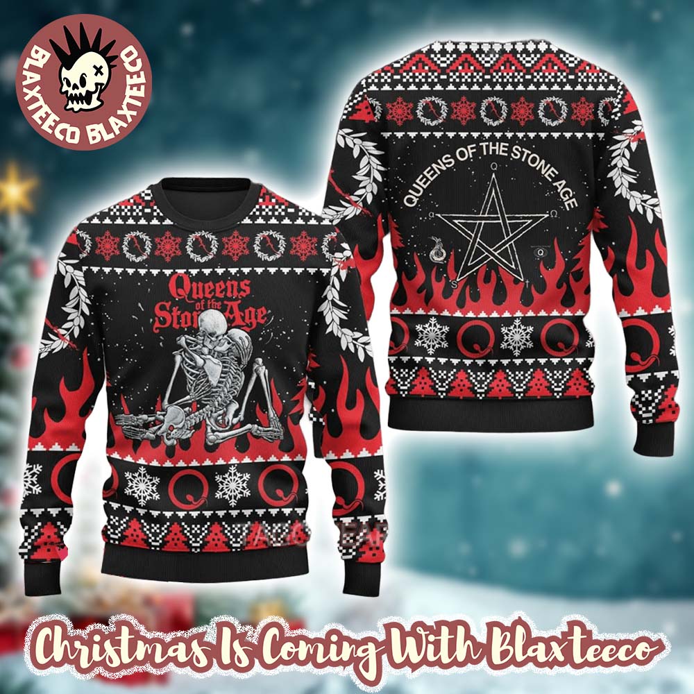 Queens Of The Stone Age Skeletons Knitted Red And Black Ugly Christmas Sweater