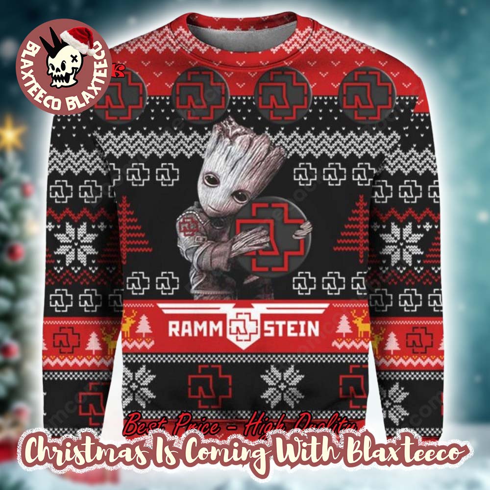 Rammstein Baby Groot Hugging Band Logo All Over Print Ugly Christmas Sweater 2025