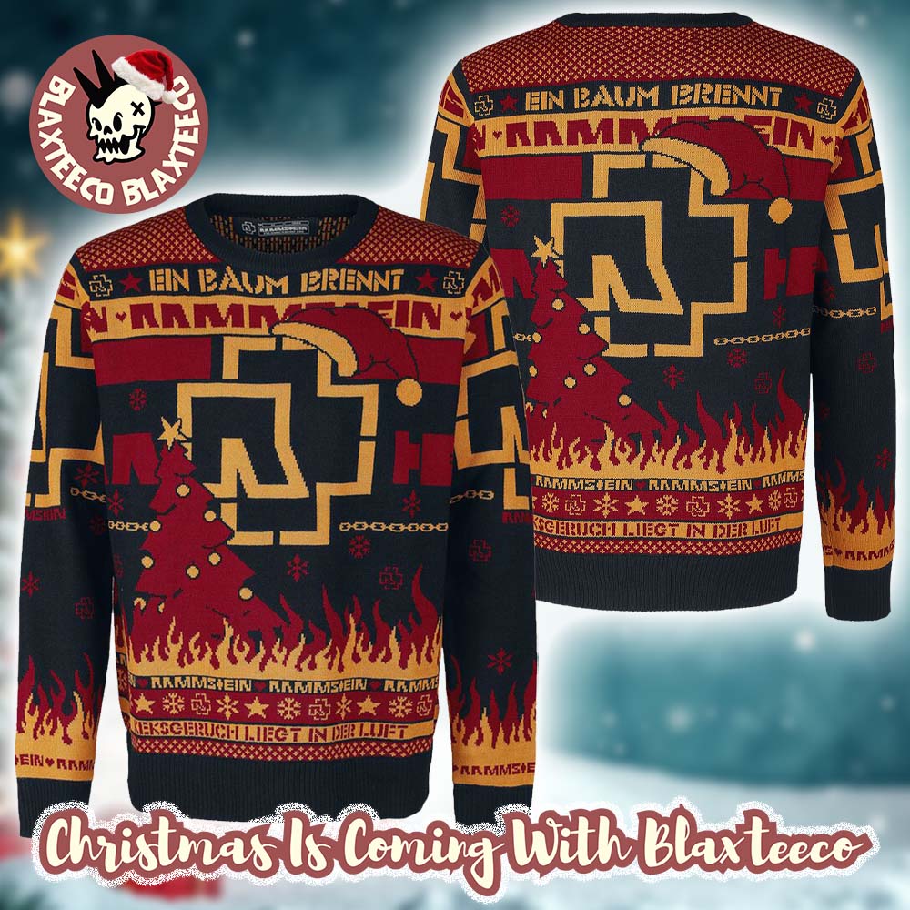 Rammstein Big Logo Santa Hat En Baum Brennt Flames Ugly Christmas Sweater