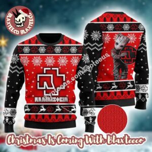 Rammstein Rock Band Big Logo Baby Groot Snowflakes Pattern Personalized Black And Red Ugly Christmas Sweater
