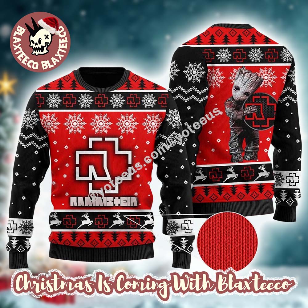Rammstein Rock Band Big Logo Baby Groot Snowflakes Pattern Personalized Black And Red Ugly Christmas Sweater