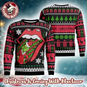 Rolling Stones Big Logo With Grinch Stole The Tongue Funny Ugly Christmas Sweater