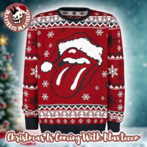 Rolling Stones Big Santa Tongue Logo With Snowy Pattern Knitted Retro Red Ugly Christmas Sweater
