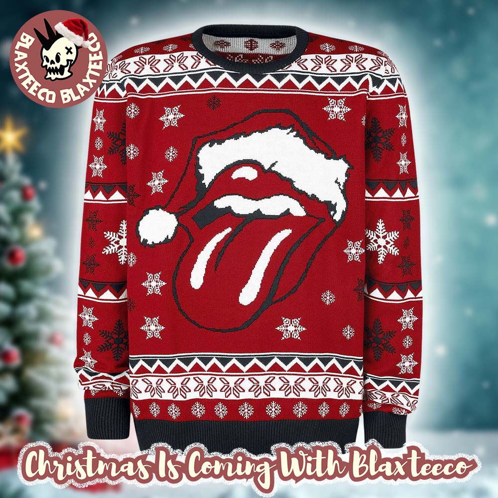Rolling Stones Big Santa Tongue Logo With Snowy Pattern Knitted Retro Red Ugly Christmas Sweater Rolling Stones Big Santa Tongue Logo With Snowy Pattern Knitted Retro Red Ugly Christmas Sweater