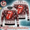 Rolling Stones Big Tongue Signature Logo Polka Dot Pattern Holiday Red Knitted Ugly Christmas Sweater Rolling Stones Big Tongue Signature Logo Polka Dot Pattern Holiday Red Knitted Ugly Christmas Sweater