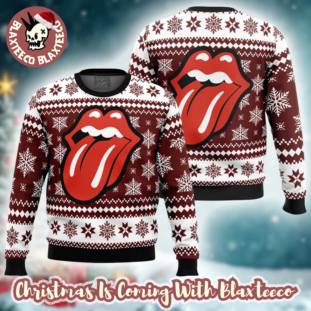 Rolling Stones Big Tongue Logo With Snowflakes Pattern Ugly Christmas Sweater Rolling Stones Big Tongue Logo With Snowflakes Pattern Ugly Christmas Sweater