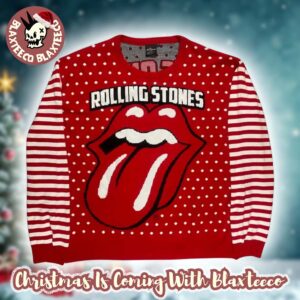 Rolling Stones Big Tongue Signature Logo Polka Dot Pattern Holiday Red Knitted Ugly Christmas Sweater