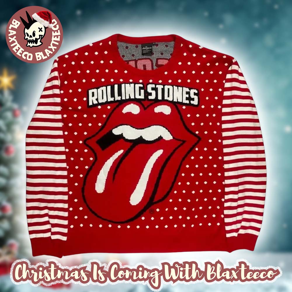 Rolling Stones Big Tongue Signature Logo Polka Dot Pattern Holiday Red Knitted Ugly Christmas Sweater Rolling Stones Big Tongue Signature Logo Polka Dot Pattern Holiday Red Knitted Ugly Christmas Sweater