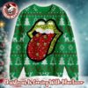Rolling Stones Gile Style Big Tounge Logo With Green And Snowflakes Holiday Vibe Knitted Red Christmas Ugly Sweater Rolling Stones Gile Style Big Tounge Logo With Green And Snowflakes Holiday Vibe Knitted Red Christmas Ugly Sweater