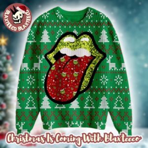 Rolling Stones Grinch Pattern In Tongue With Green Lips Funny Signature Logo Ugly Christmas Sweater