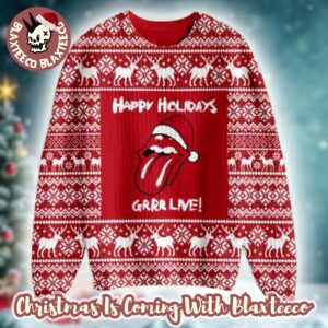 Rolling Stones Happy Holidays Grrr Live Reindeer Pattern Knitted Holiday Red Ugly Christmas Sweater