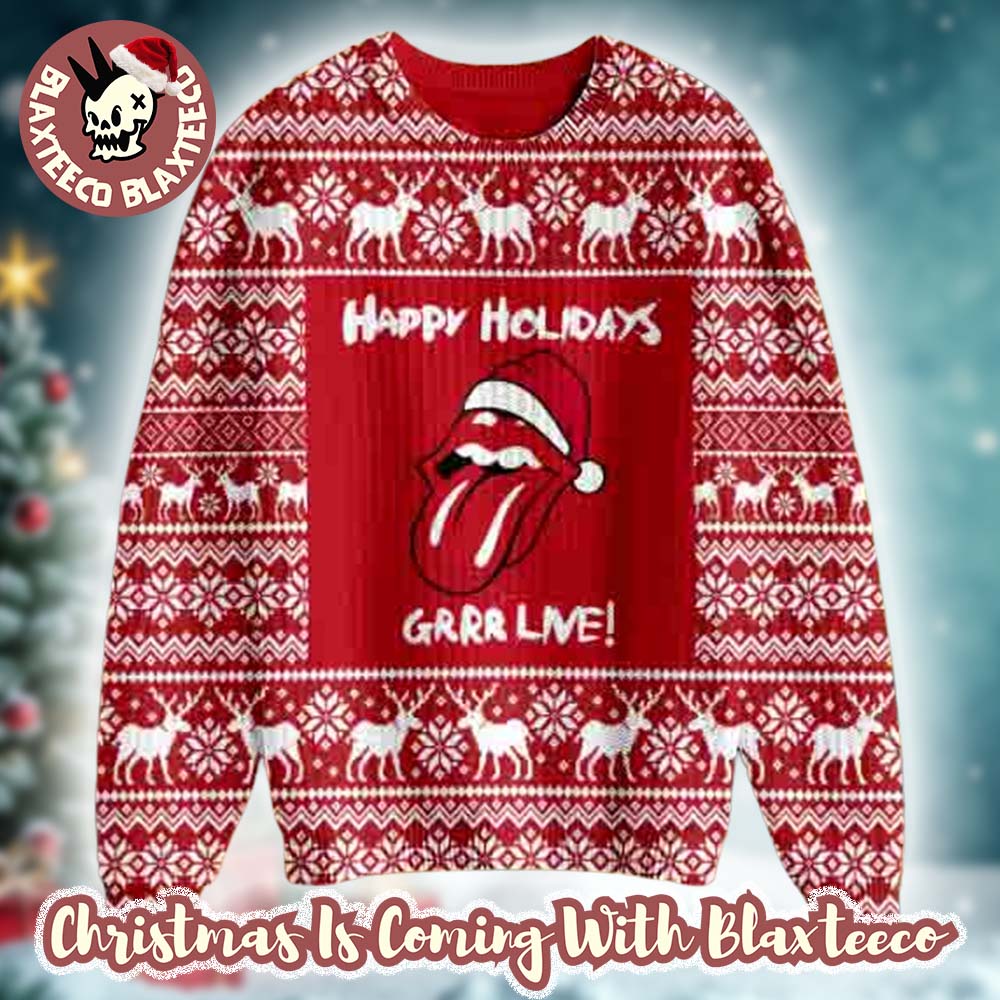 Rolling Stones Happy Holidays Grrr Live Reindeer Pattern Knitted Holiday Red Ugly Christmas Sweater Rolling Stones Happy Holidays Grrr Live Reindeer Pattern Knitted Holiday Red Ugly Christmas Sweater