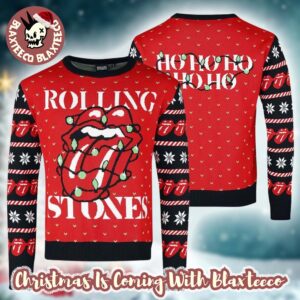 Rolling Stones Logo With Christmas Lights Twinkle Ho Ho Ho Ugly Christmas Sweater