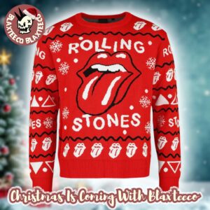 Rolling Stones Signature Tongue Logo All Over Pattern Holiday Knitted Red Ugly Christmas Sweater