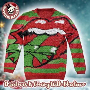 Rolling Stones Singature Tongue As A Present Red And Green Stripes Pattern Ugly Christmas Sweater