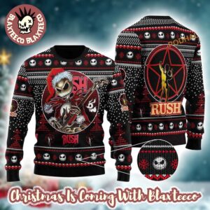Rush Band X Jack Skelington Santa Clause Playing Electric Guitar For Fans Ugly Christmas Sweater