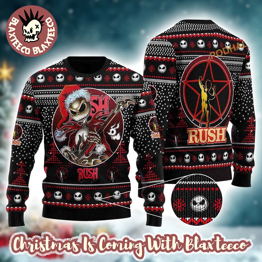 Rush Band X Jack Skelington Santa Clause Playing Electric Guitar For Fans Ugly Christmas Sweater Rush Band X Jack Skelington Santa Clause Playing Electric Guitar For Fans Ugly Christmas Sweater