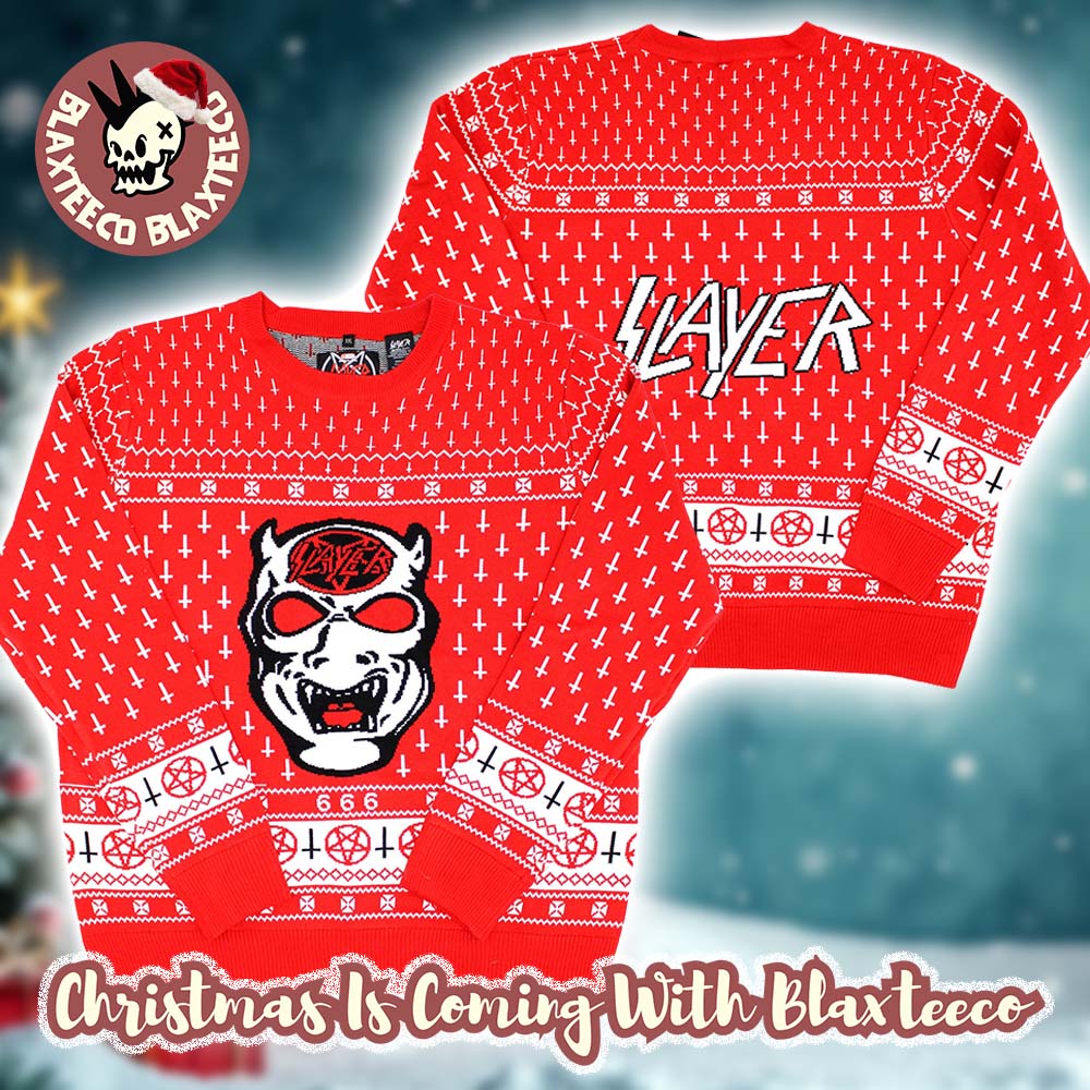 Slayer 666 Demon Cross Pattern Red Ugly Christmas Sweater For Fans Slayer 666 Demon Cross Pattern Red Ugly Christmas Sweater For Fans