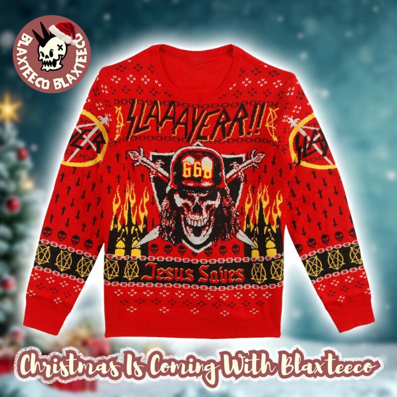Slayer 666 Holiday Jesus Saves Fire Red Knitted Christmas Ugly Sweater 2025 PMasP tdzgru.jpg