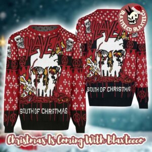 Slayer Band South Of Christmas Bloody Skull Santa All Over Knitted Christmas Ugly Sweater 2025
