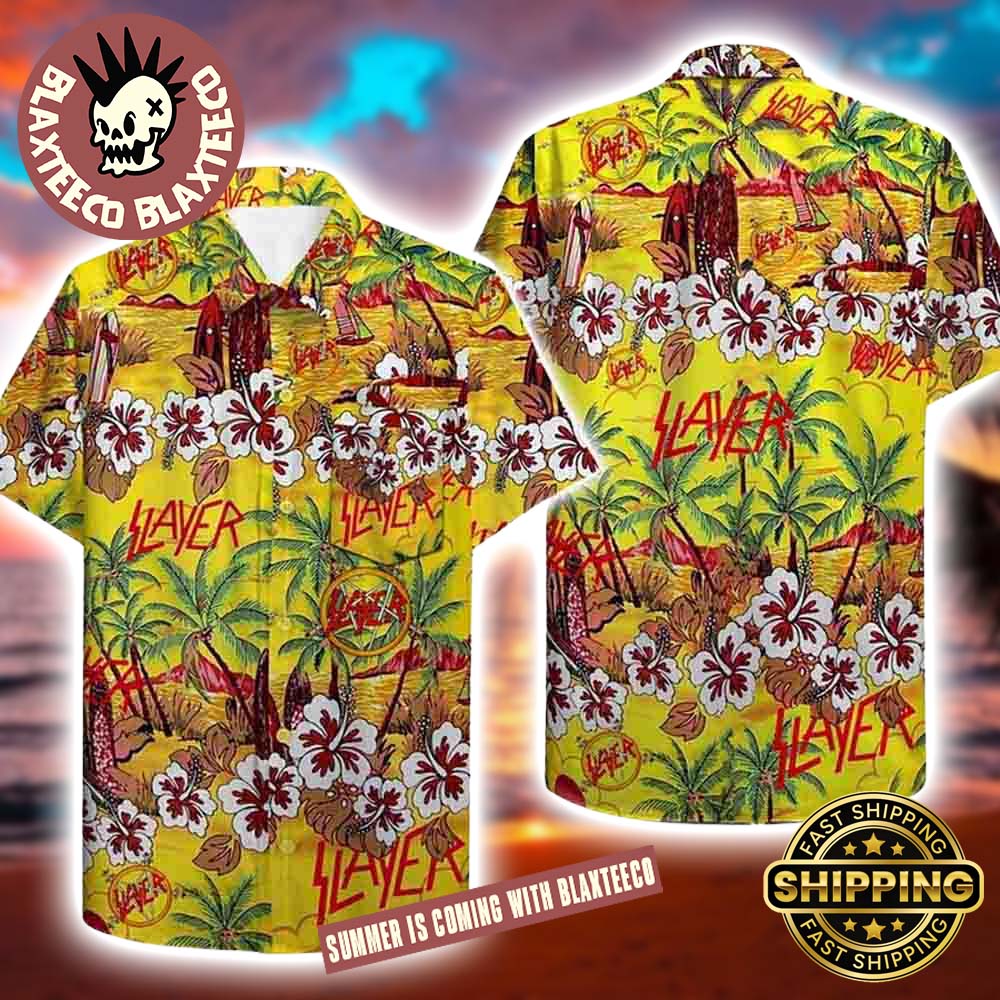 Slayer Band Tropical Island Yellow 2025 Summer Hawaiian Shirt For Men And Women Slayer Band Tropical Island Yellow 2025 Summer Hawaiian Shirt For Men And Women