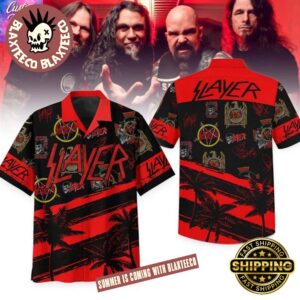 Slayer Logo Pattern Coconut Tree Black And Red Summer 2025 Hawaiian Shirt