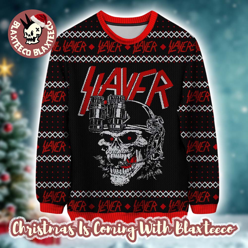 Slayer Reign In Blood For The Holiday Skull Red And Black Knitted Ugly Sweater Slayer Reign In Blood For The Holiday Skull Red And Black Knitted Ugly Sweater