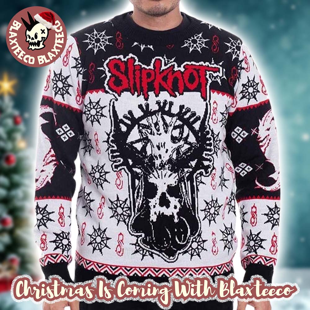 Slipknot Band Goat Skull Horror All Over Tribal S Logo With Snowflakes Pattern Ugly Christmas Sweater Slipknot Band Goat Skull Horror All Over Tribal S Logo With Snowflakes Pattern Ugly Christmas Sweater