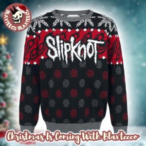 Slipknot Signature Logo With Tribal S Snowflakes Pattern Red And Grey Knitted Ugly Christmas Sweater