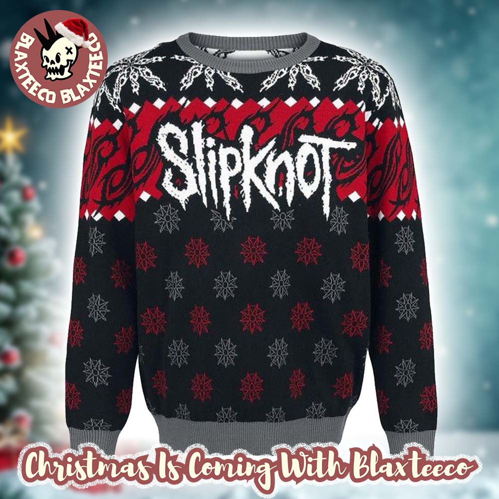 Slipknot Signature Logo With Tribal S Snowflakes Pattern Red And Grey Knitted Ugly Christmas Sweater