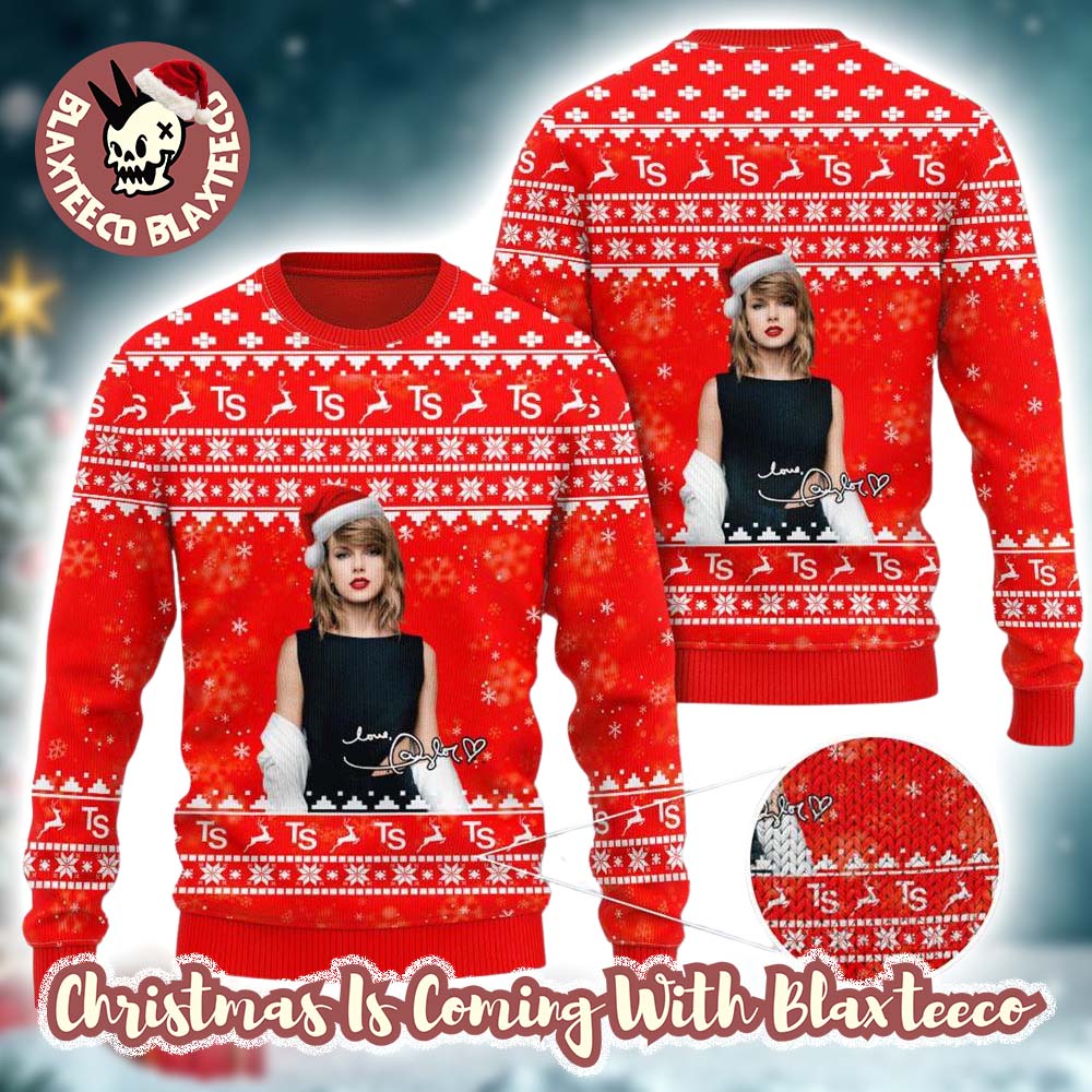 Taylor Swift With Santa Hat Signature Red Knitted Ugly Christmas Sweater