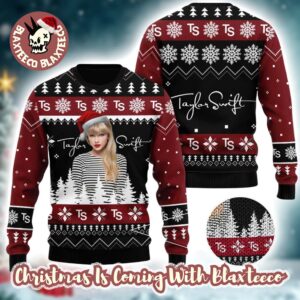 Taylor Swift With Santa Hat Signature Snowflakes Pattern Black And Maroon Ugly Christmas Sweater