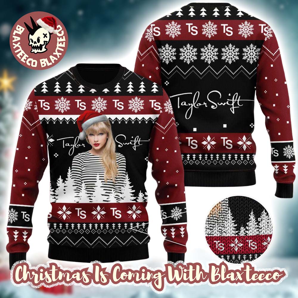 Taylor Swift With Santa Hat Signature Snowflakes Pattern Black And Maroon Ugly Christmas Sweater