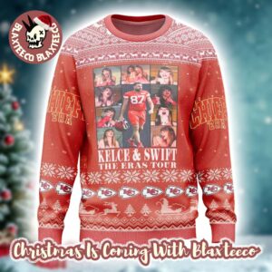 Taylor Swift With Travis Kelce the Kansas City Chiefs x The Eras Tour Knitted Red Ugly Christmas Sweater