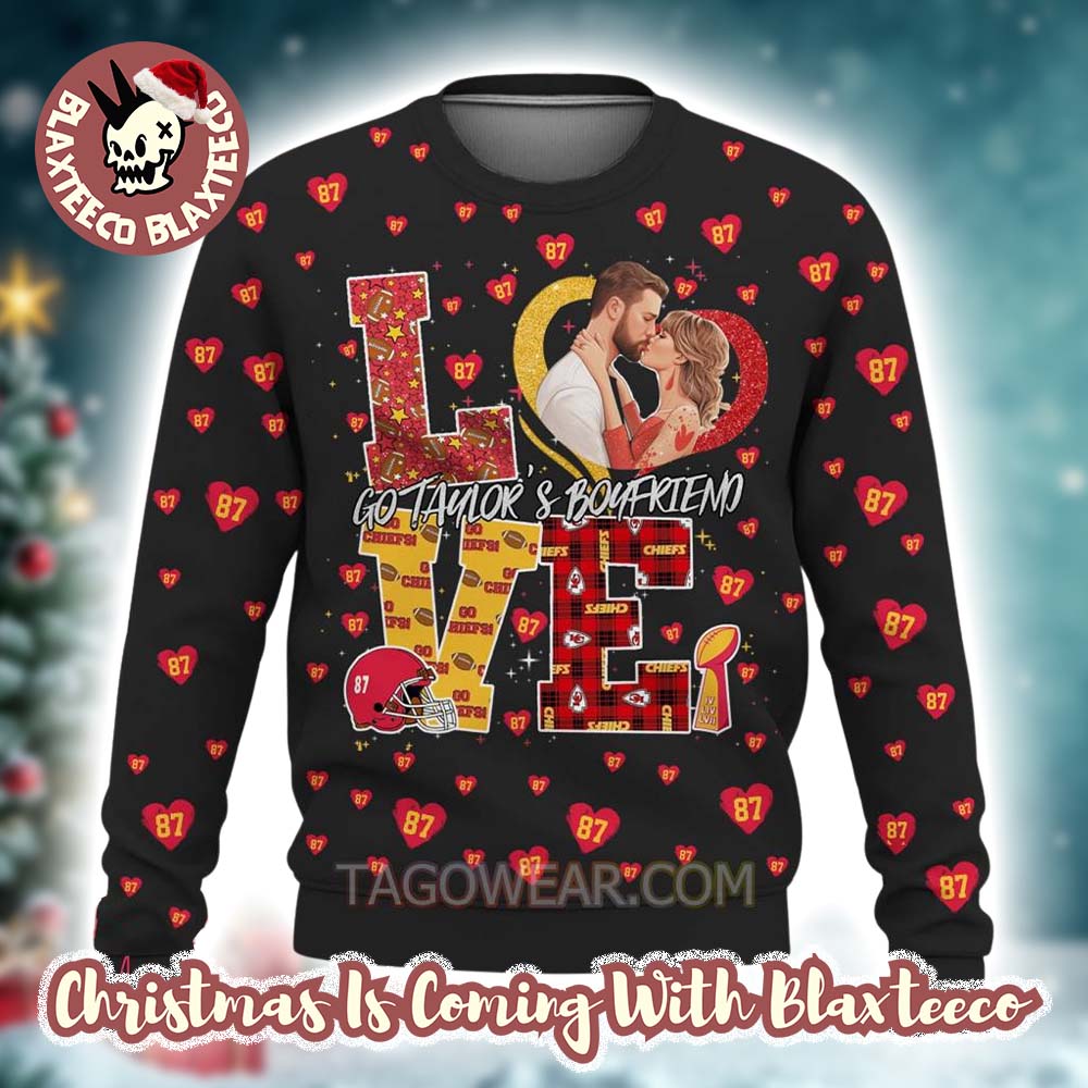 Taylor Swift X Travis Kelce Love Go Taylor’s Boyfriends Valentine 87 Heart Pattern Ugly Christmas Sweater