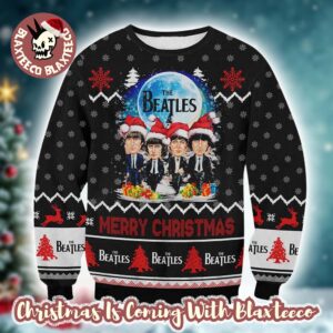 The Beatles Band Funny Members With Santa Hats Under The Moon Merry Christmas Ugly Sweater