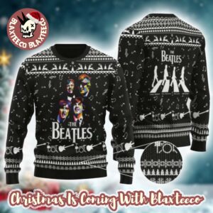 The Beatles Band Graphic With Music Notes Pattern Black Ugly Christmas Sweater