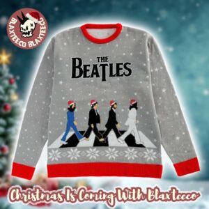 The Beatles Iconic Abbey Road Band Members With Santa Hats Snowy Street Grey Ugly Christmas Sweater