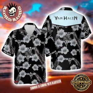 Van Halen Logo With Grey Hibiscus Pattern Black And White Hawaiian Shirt 2025
