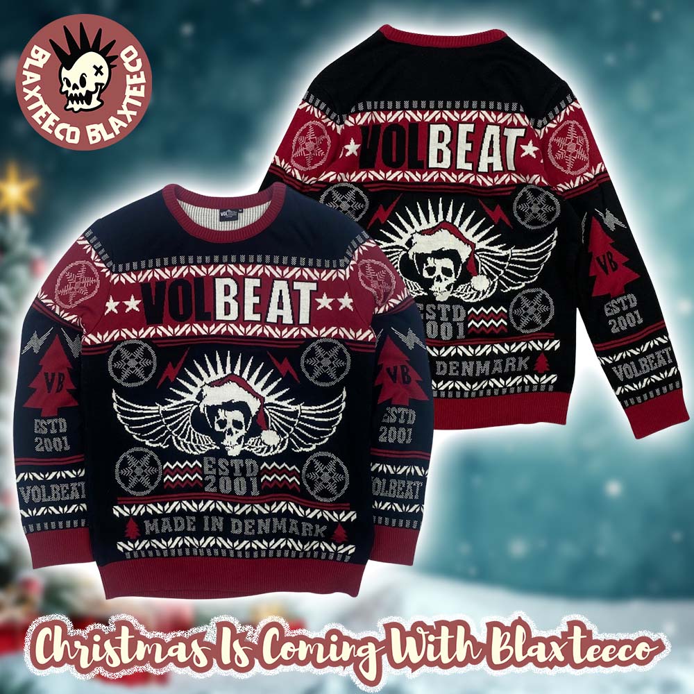 Volbeat ESTD 2001 Made In Denmark Skull Wings With Santa Hat Bravado Vintage Knitted Ugly Christmas Sweater Volbeat ESTD 2001 Made In Denmark Skull Wings With Santa Hat Bravado Vintage Knitted Ugly Christmas Sweater