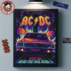 ACDC Adelaide PWR Up Tour Poster 2025 In South Australia At Adelaide Street Circuit On 30 November 2025 The Dodge Charger Art Poster Canvas